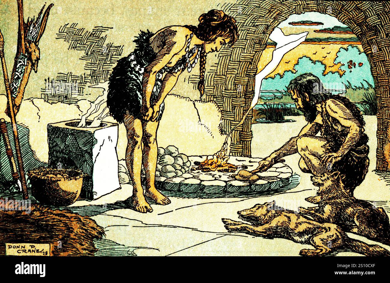 Les personnes de l'âge de pierre précoce utilisent des pierres chaudes pour faire bouillir l'eau. Donn Philip Crane (1878-1945). Les peuples autochtones de ce qui est aujourd'hui le Canada et les États-Unis d'Amérique, en particulier sur la côte ouest et la côte nord-ouest, utilisaient l'ébullition de pierre. La cuisson de cette façon permettait une température plus contrôlée, ce qui facilitait l'extraction des graisses et des huiles. Banque D'Images