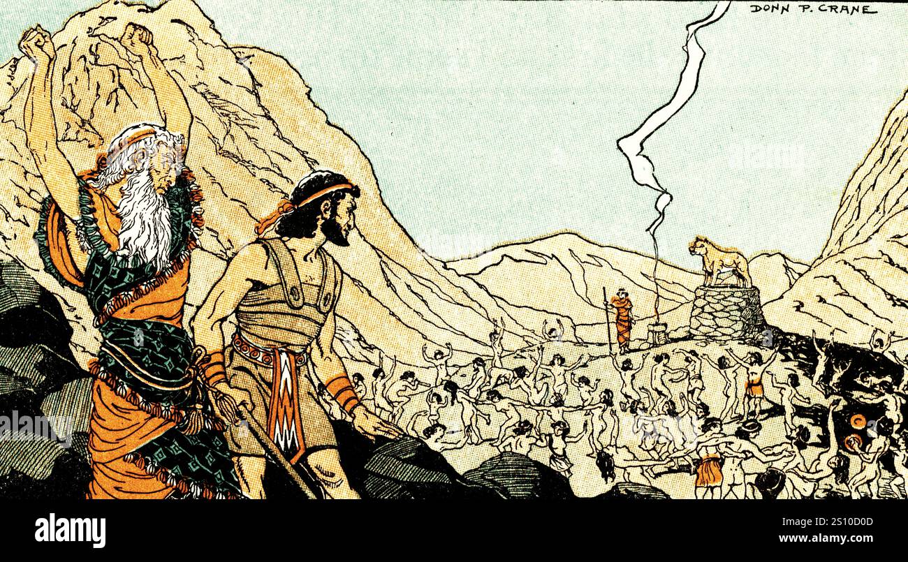 Moïse et Josué se rétractant au mont Sinaï, trouvent des gens adorant le veau d'or. Donn Philip Crane (1878-1944). Selon la Torah, la Bible et le Coran, le veau d'or était une image culte faite par les Israélites quand Moïse monta au Mont Sinaï. Banque D'Images