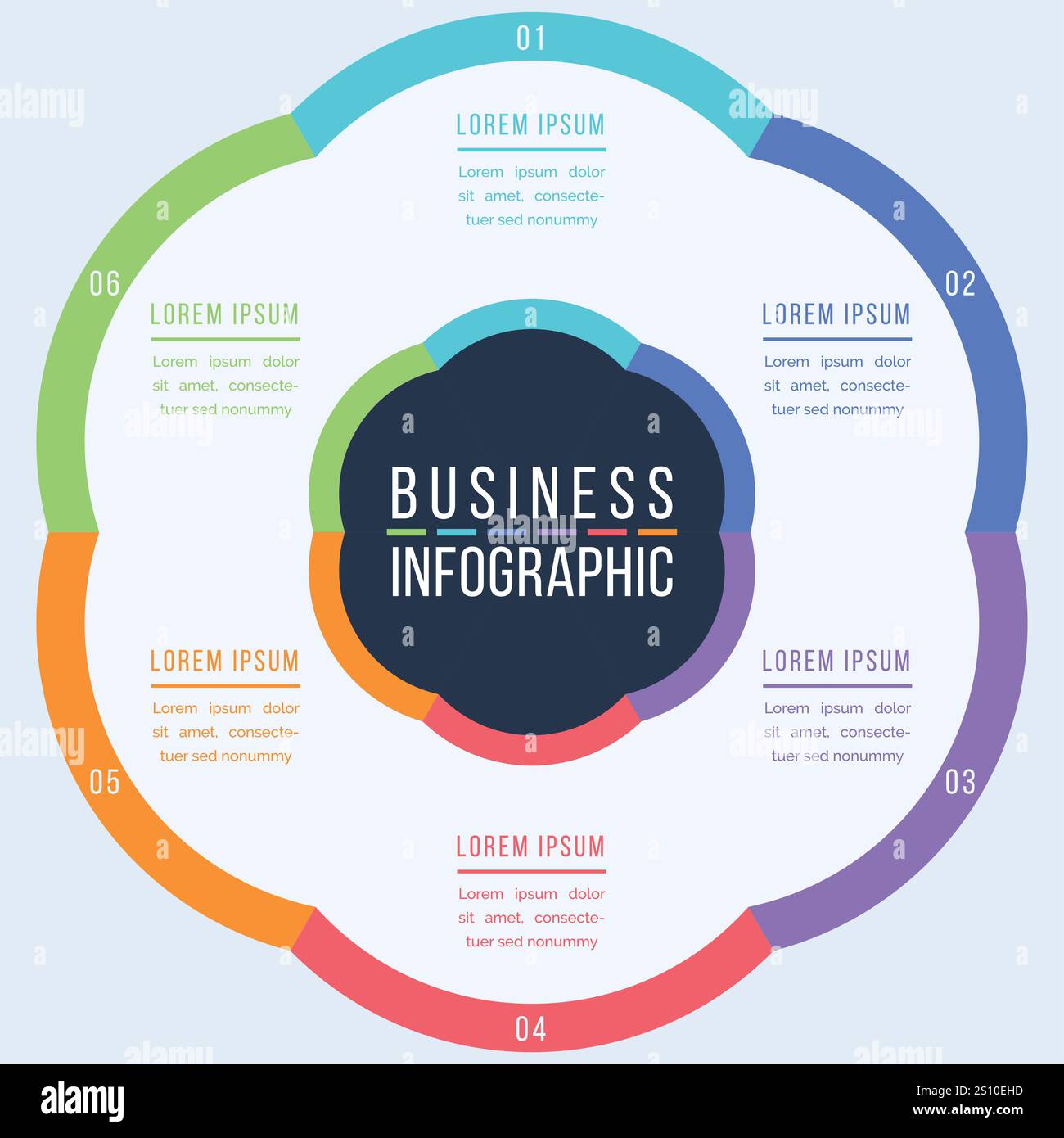 Infographie de conception d'informations d'affaires 6 objets, étapes, éléments ou options modèle de cercle infographique Illustration de Vecteur