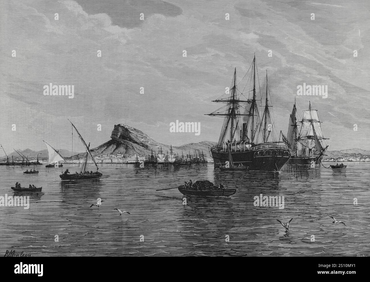 Histoire de l'Espagne. La rade d'Alicante. Gravure de Vela d'après le tableau de Rafael Monleon (1843-1900), peint en 1881. La Ilustracion Espanola y Americana (illustration espagnole et américaine), 30 janvier 1884. Banque D'Images