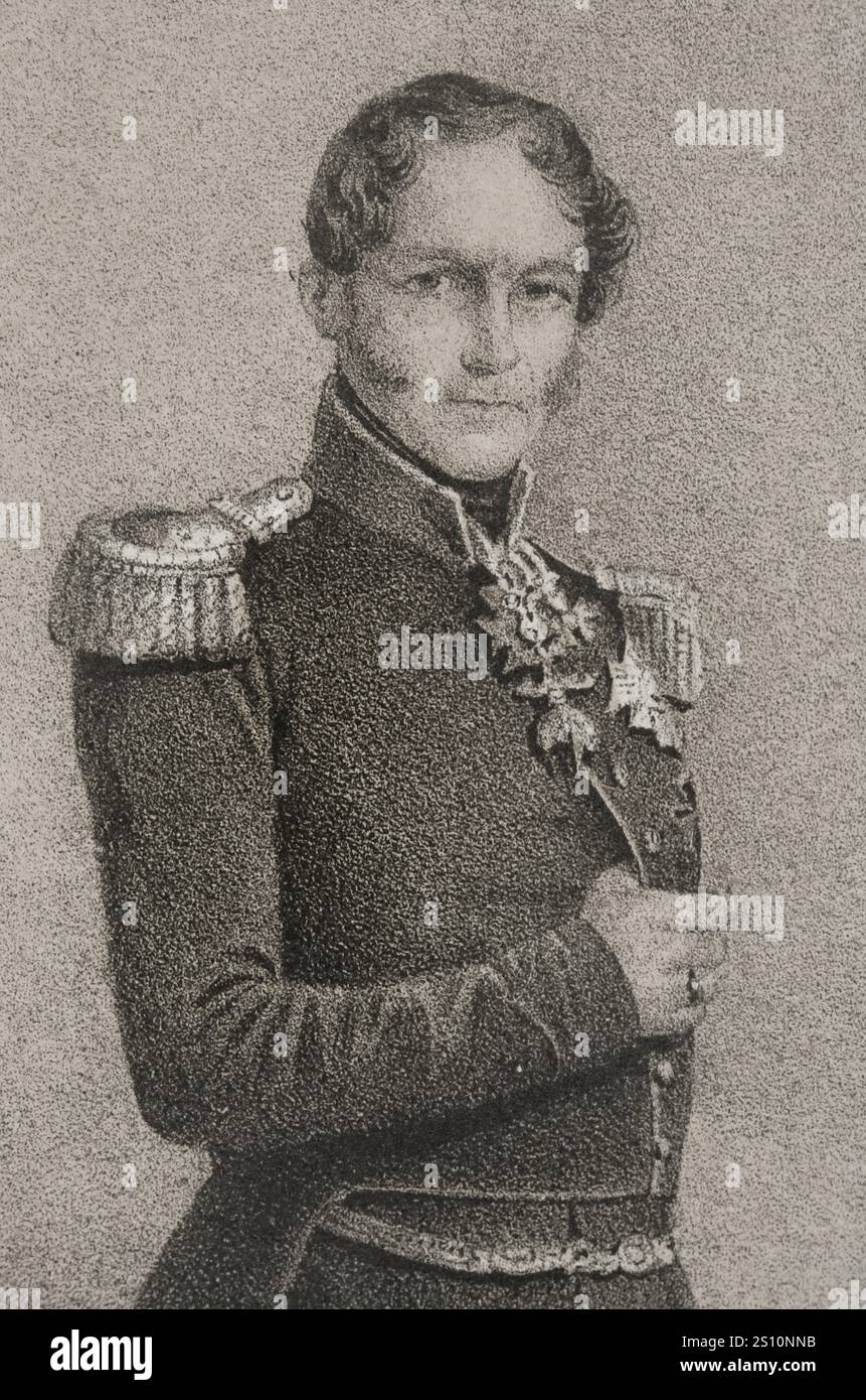 Léopold Ier de Belgique (1790-1865). Premier roi des Belges (1831-1865). Portrait. Dessin de C. Legrand. Lithographie de J. Donon. Détail. 'Reyes Contemporaneos' (Rois contemporains). Volume III publié à Madrid, 1854. Banque D'Images