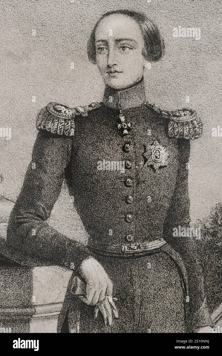 Léopold II de Belgique (1835-1909), dont le nom de naissance était Léopold Louis Philippe Maria Victor de Saxe-Cobourg-Gotha. Roi de Belgique (1865-1909). Portrait aussi jeune, héritier du trône. Dessin de C. Legrand. Lithographie. Détail. 'Reyes Contemporaneos' (Rois contemporains). Volume III publié à Madrid, 1854. Banque D'Images