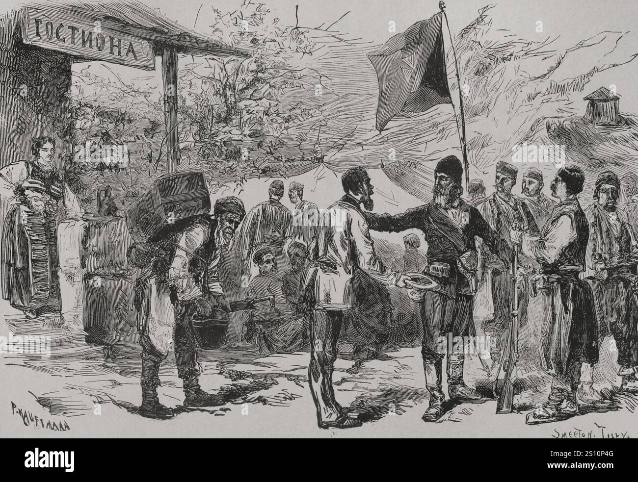La question orientale. Guerres serbo-ottomanes (1876-1878). La Serbie déclara la guerre à l'Empire ottoman le 30 juin 1876. Serbie. Organisation de groupes insurgés. Dessin de P. Kauffmann. Gravure de Smeeton Tilly. 'La Guerra de Oriente' (la guerre russo-turque). Volume III. 1878. Banque D'Images