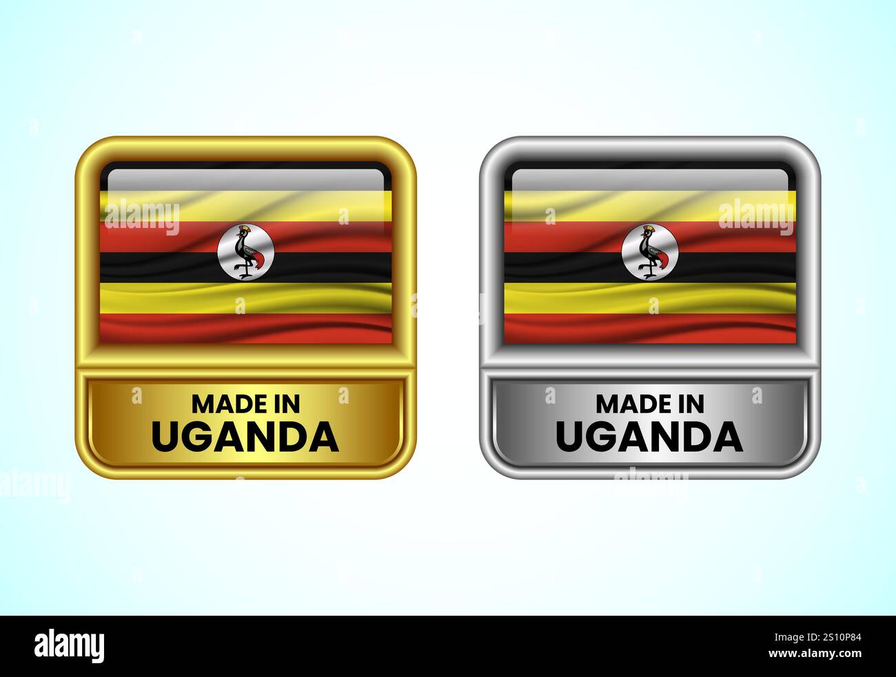 Fabriqué en Ouganda étiquette icône en couleur or et argent. Icône de drapeau définie pour les entreprises Illustration de Vecteur