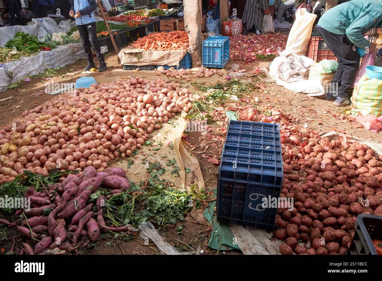 variétés de pommes de terre et de patates douces étalées sur le sol pour la vente traditionnel jour du marché berbère amazigh marché asni maroc Banque D'Images
