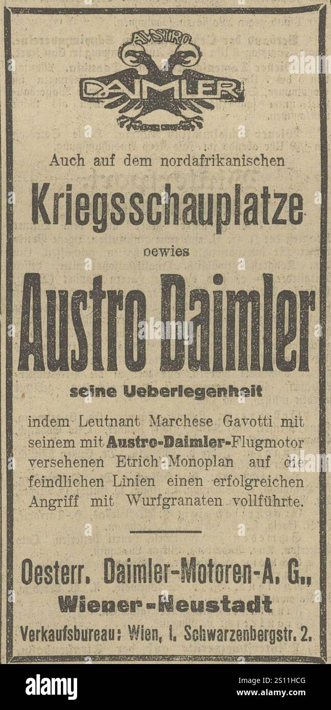 Erster Bombenabwurf Werbung Austro-Daimler récolte. Banque D'Images