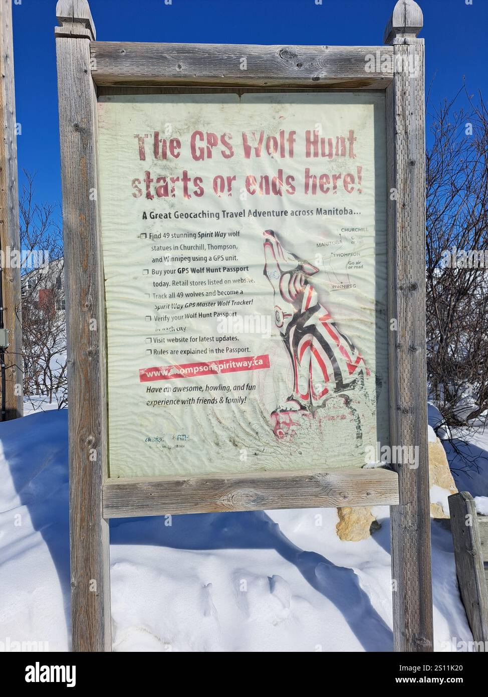 GPS Wolf Hunt signe sur Kelsey Boulevard à Churchill, Manitoba, Canada Banque D'Images