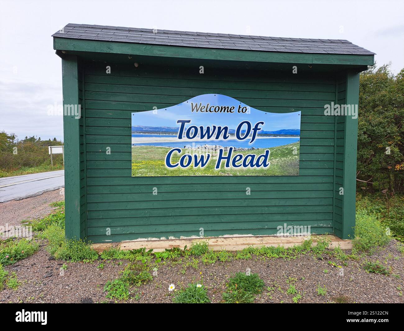 Bienvenue à l'enseigne de la ville de Cow Head à Terre-Neuve-et-Labrador, Canada Banque D'Images