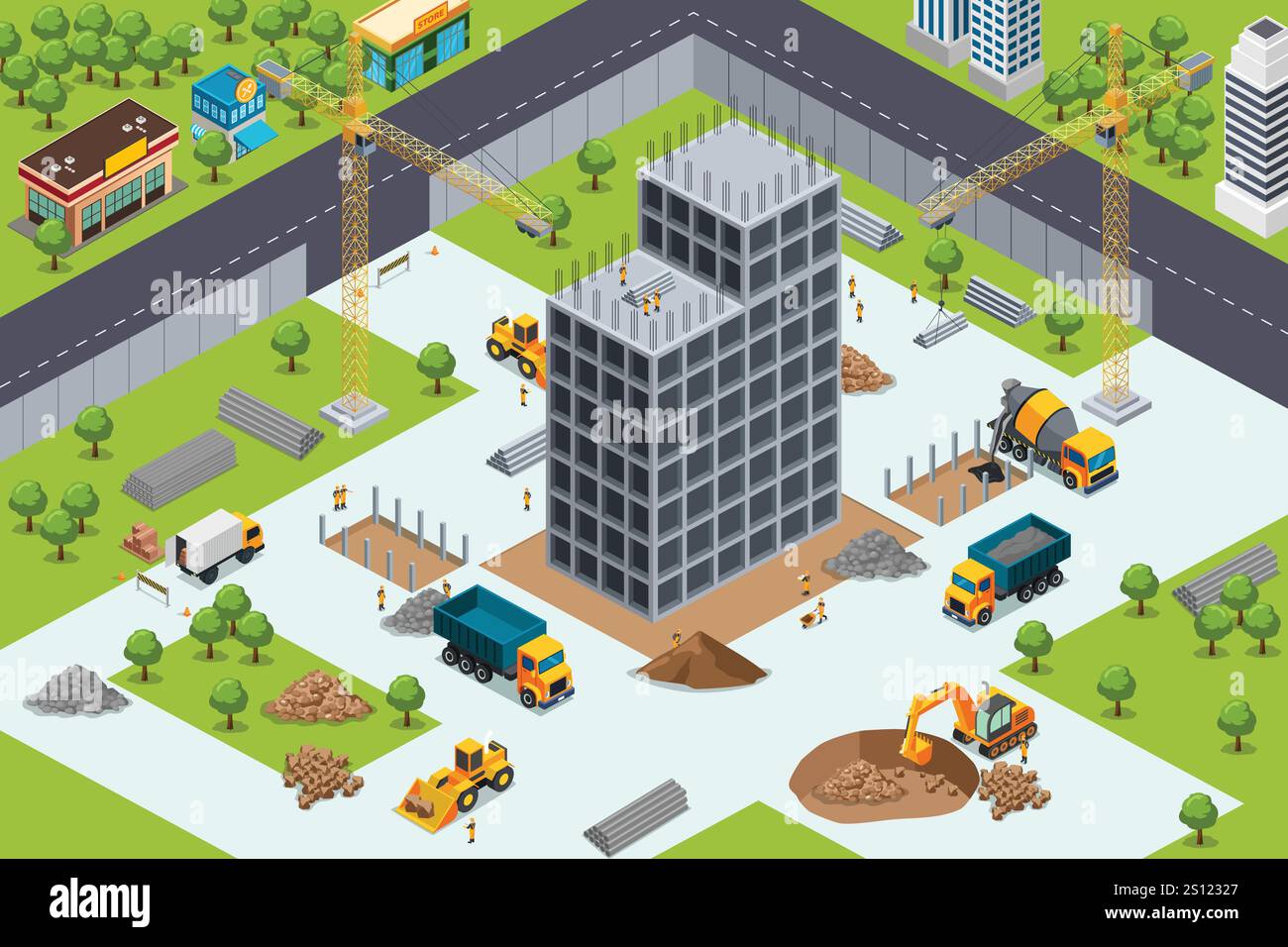 Une illustration vectorielle du site de construction de bâtiment isométrique Illustration de Vecteur