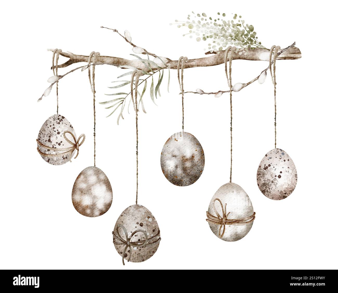 Illustration d'oeuf de Pâques aquarelle. Guirlande dessinée à la main avec des décorations colorées, parfaite pour les cartes de vœux et les invitations printanières. Idées artistiques festives Banque D'Images