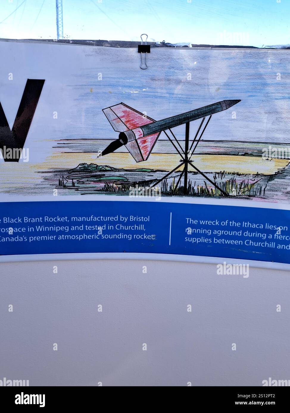 Panneau de fusée Black Brant sur le dôme en plexiglas à l'intérieur du Churchill Northern Studies Centre à Churchill, Manitoba, Canada Banque D'Images
