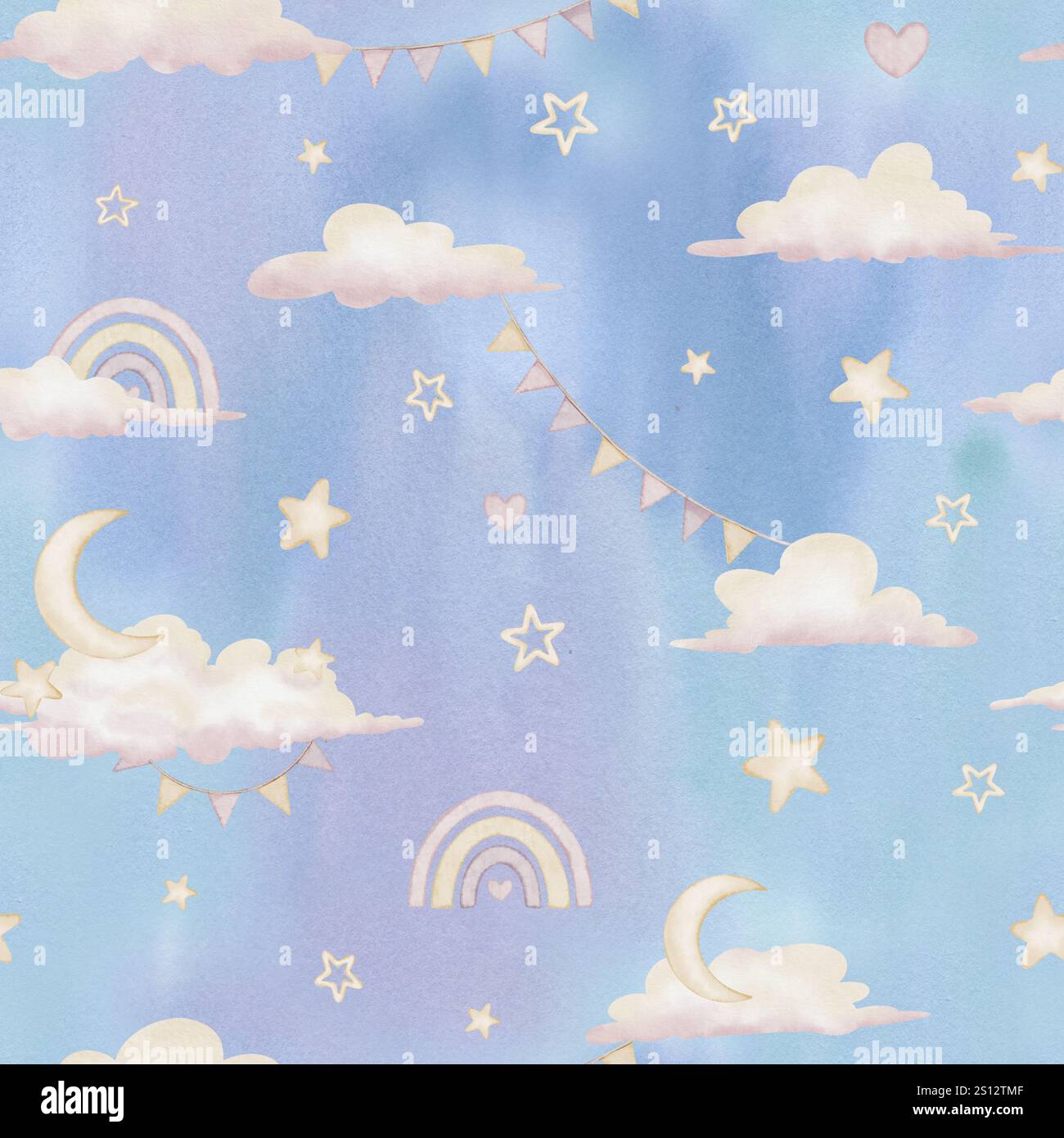 Motif aquarelle sans couture avec des nuages, des arcs-en-ciel, des étoiles et des lunes en croissant sur fond bleu pastel. Illustration de toile de fond pour l'art mural de pépinière, Banque D'Images