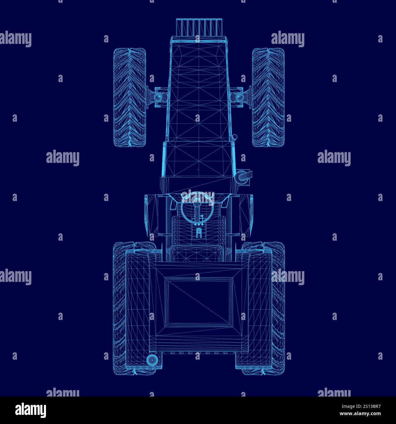 Dessin bleu d'un tracteur. Le tracteur est représenté en format 3D, avec ses roues et autres pièces clairement visibles. Concept de précision et technique de Illustration de Vecteur