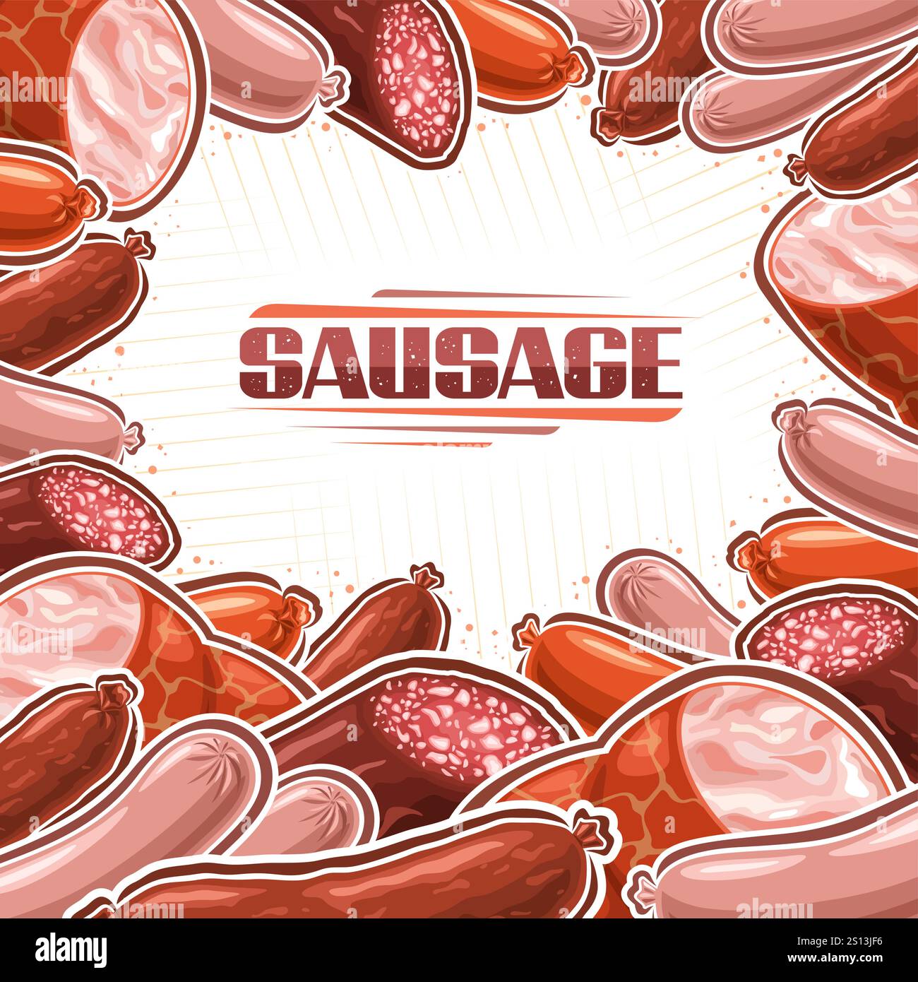 Disposition de saucisse vectorielle avec espace de copie vide pour l'annonce, modèle décoratif avec beaucoup de composition de saucisse bouillie assortie, placard carré avec groupe de CA Illustration de Vecteur