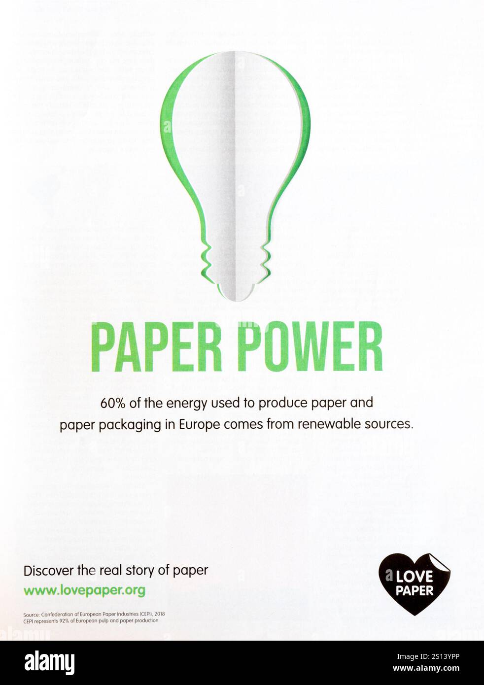 Une publicité dans un magazine britannique pour la campagne mondiale Love Paper. Banque D'Images