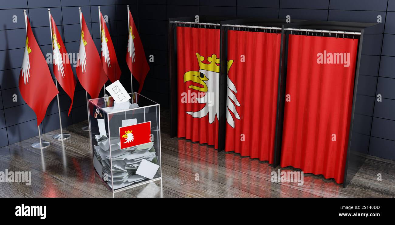 Warmia-Masuria - cabine de vote, urne et drapeaux au bureau de vote - illustration 3D. Banque D'Images