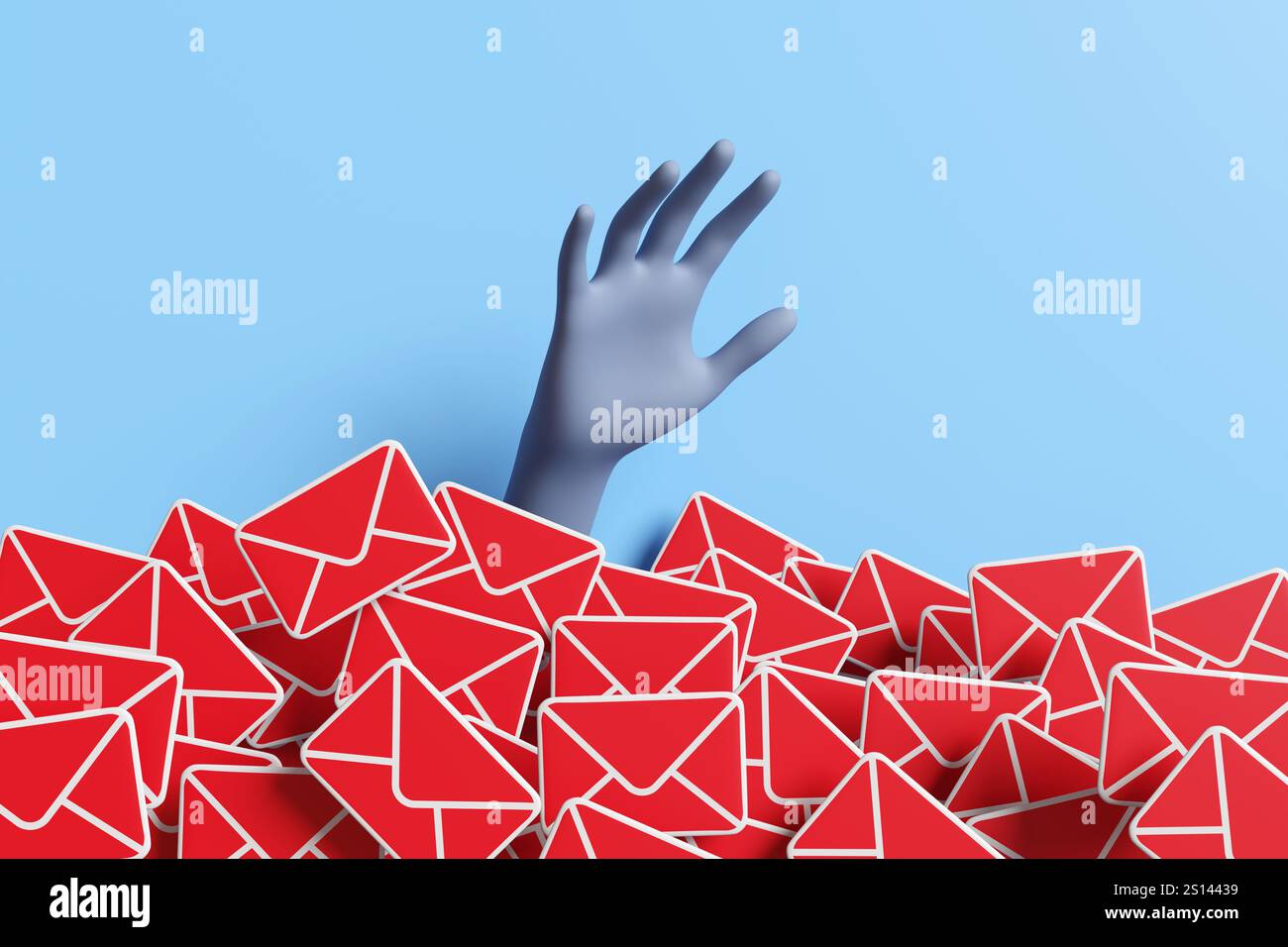 Main humaine s'élevant au-dessus d'un tas de mails rouges sur fond bleu clair. Illustration du concept de surcharge d'email et d'énormes messages non lus Banque D'Images