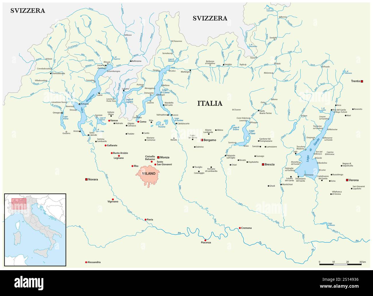 Carte vectorielle des lacs du nord de l'Italie Banque D'Images