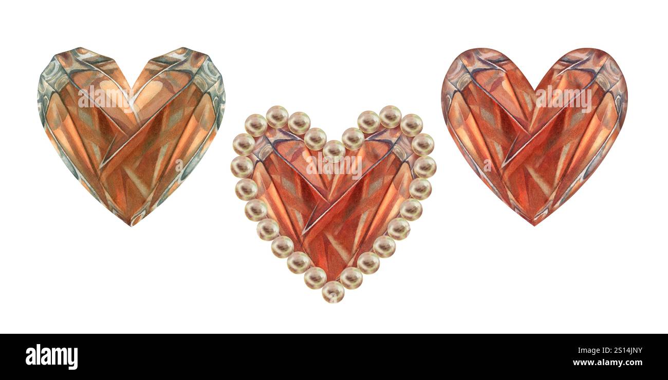 Ensemble de cristal aquarelle orange en forme de coeur dans un cadre perlé, en brun rose, dans une palette de mousse moka. Illustration de modèle pour mariage Banque D'Images