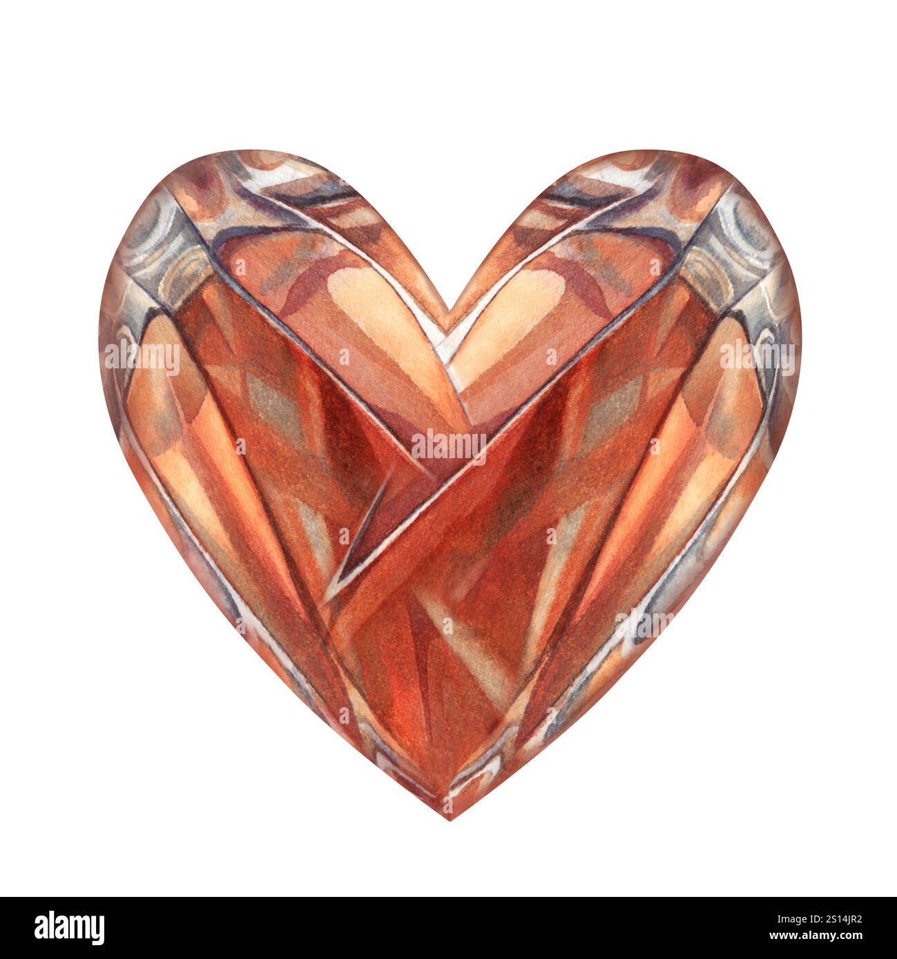 Cristal orange aquarelle en forme de coeur en brun rose, dans une palette de mousse moka. Illustration de modèle pour mariage, Saint Valentin greetin Banque D'Images