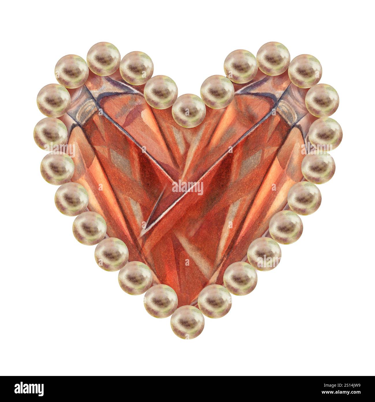 Aquarelle cristal brun en forme de coeur dans un cadre perlé, en brun rose, dans une palette de mousse moka. Illustration de modèle pour mariage, valent Banque D'Images