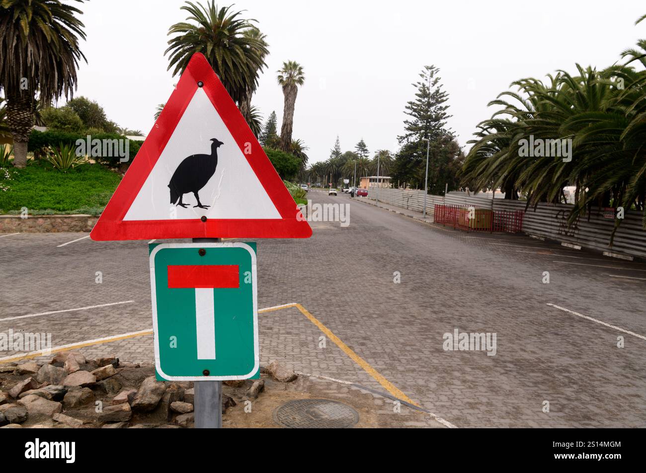 Panneau de signalisation - méfiez-vous des pintades, Swakopmund, Namibie Banque D'Images