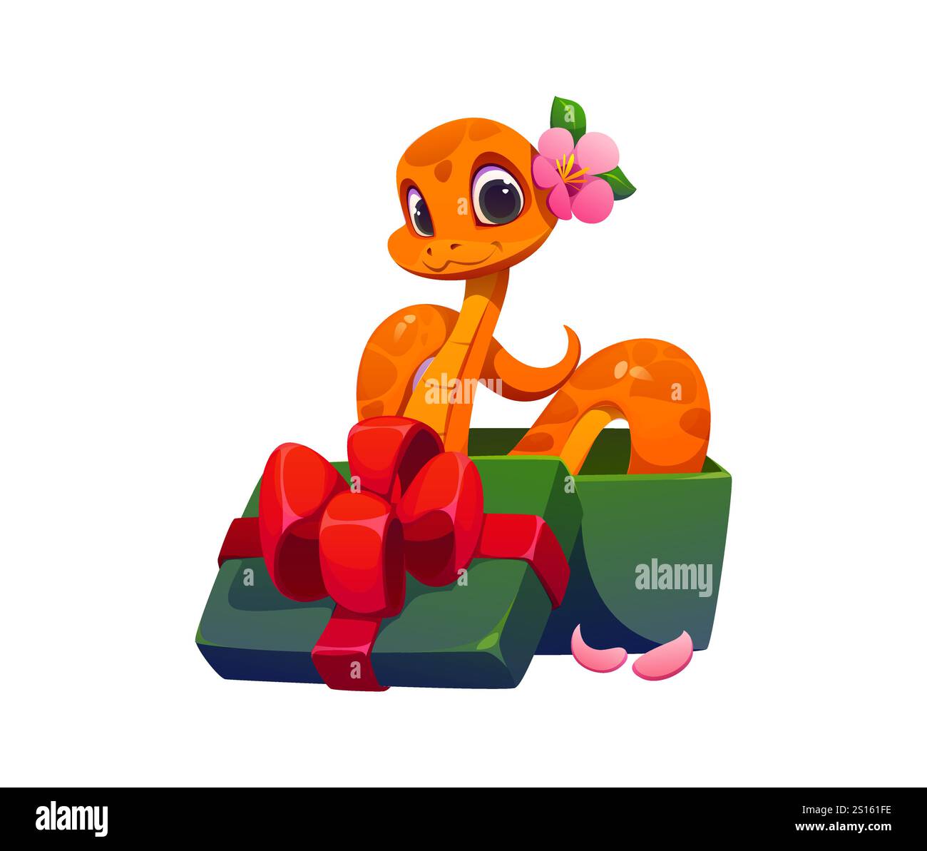 Personnage drôle de serpent de dessin animé chinois du nouvel an lunaire orné d'une fleur assise dans la boîte cadeau avec un arc rouge, surprise pour la célébration de 2025. Vecteur serpent zodiaque reptile joyeux et amical Illustration de Vecteur