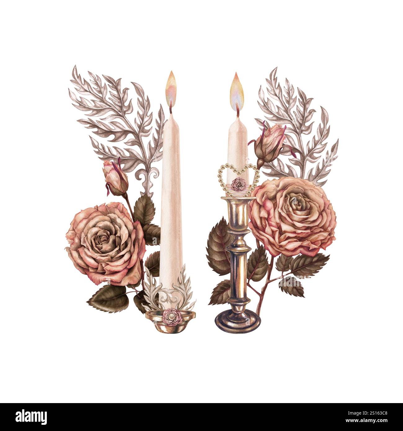 Bouquet vintage de chandeliers, bougies avec une flamme brûlante, décoré de roses roses roses et brunes avec un symbole de coeur dans une délicate palette de moka Banque D'Images
