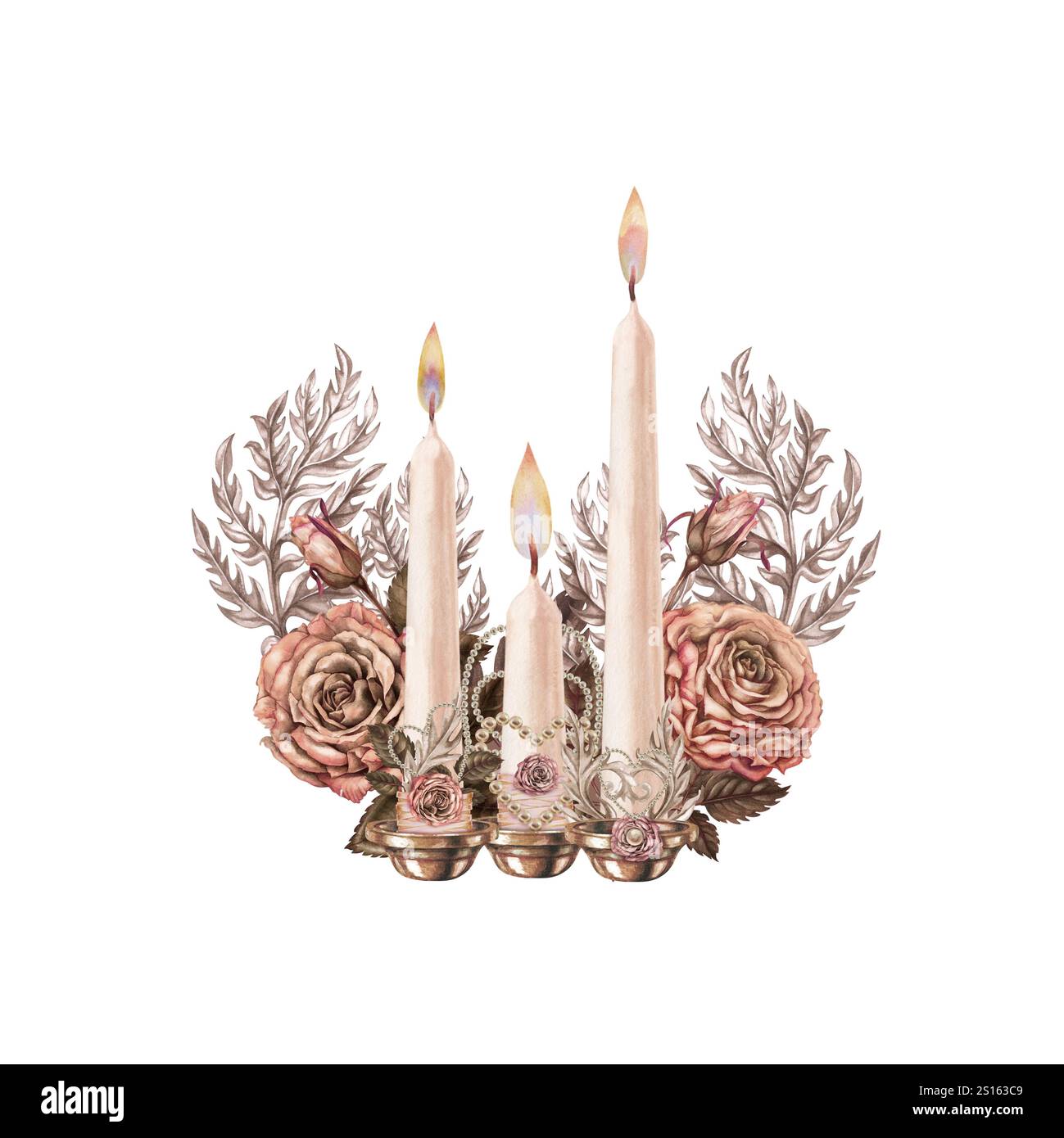 Bouquet vintage de chandeliers, bougies avec une flamme brûlante, décoré de roses roses roses et brunes avec un symbole de coeur dans une délicate palette de moka Banque D'Images
