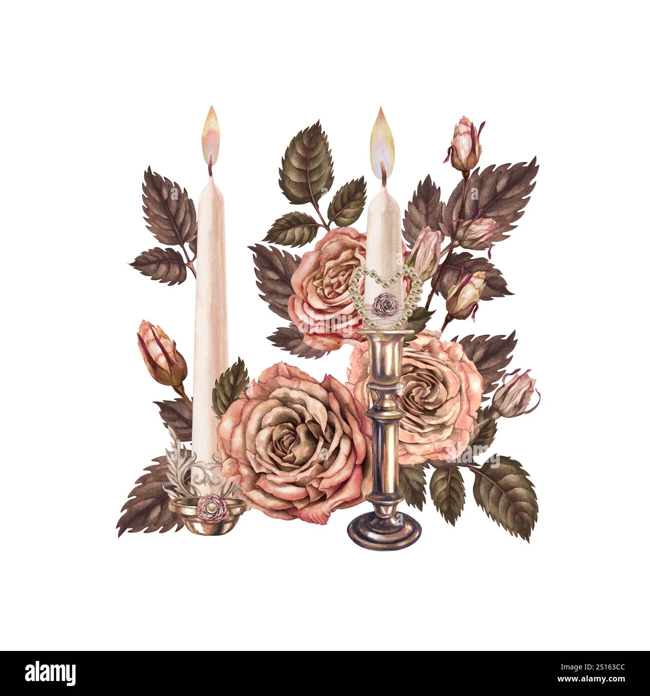 Bouquet vintage de chandeliers, bougies avec une flamme brûlante, décoré de roses roses roses et brunes avec un symbole de coeur dans une délicate palette de moka Banque D'Images