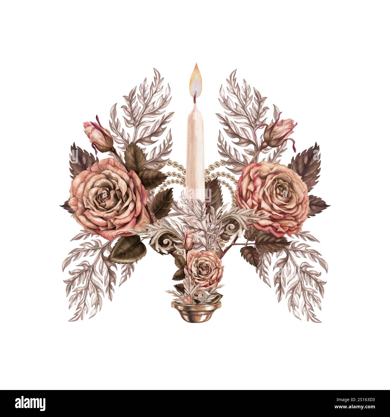 Bouquet vintage de chandeliers, bougies avec une flamme brûlante, décoré de roses roses roses et brunes avec un symbole de coeur dans une délicate palette de moka Banque D'Images