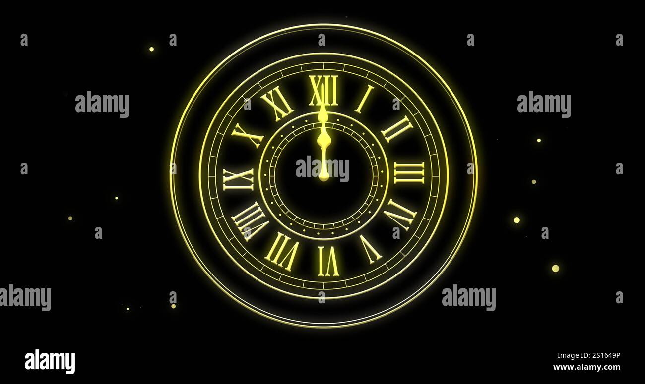 Image de l'horloge montrant minuit et feux d'artifice explosant sur fond noir Banque D'Images