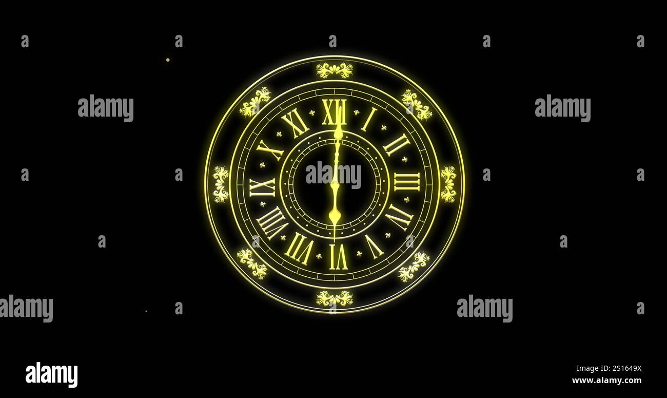 Image de l'horloge montrant minuit et feux d'artifice explosant sur fond noir Banque D'Images