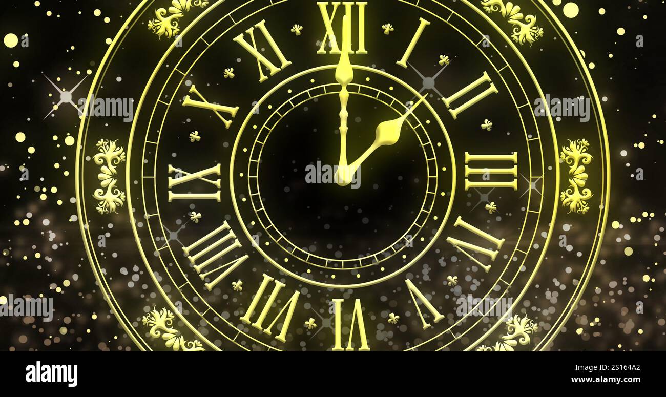 Image de l'horloge montrant minuit et feux d'artifice explosant sur fond noir Banque D'Images