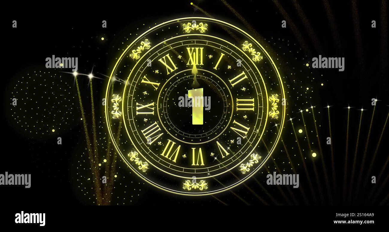 Image de l'horloge montrant minuit et feux d'artifice explosant sur fond noir Banque D'Images