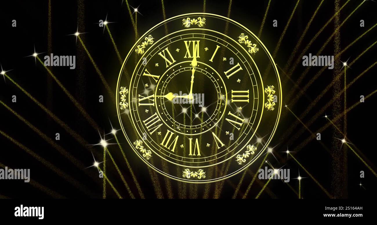 Image de l'horloge montrant minuit et feux d'artifice explosant sur fond noir Banque D'Images
