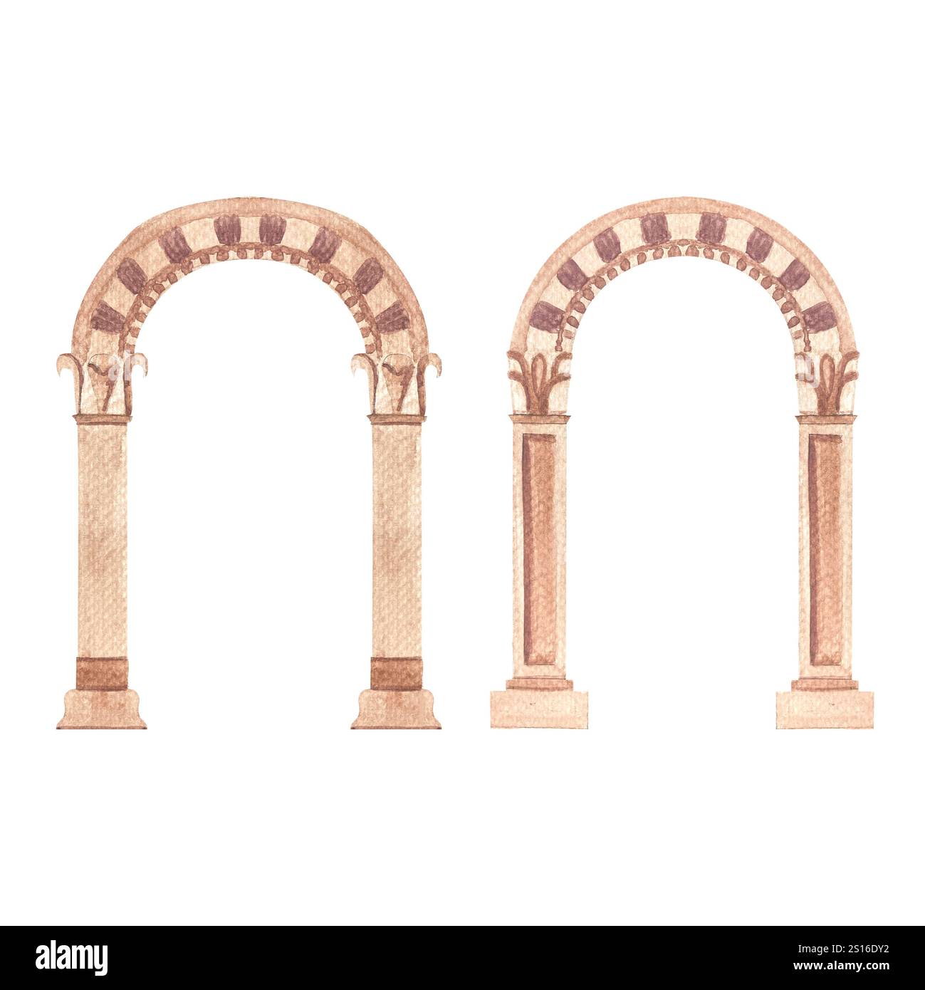 Arc classique antique grec en pierre isolé sur fond blanc. Illustration aquarelle d'architecture de haute qualité pour cartes, affiches, autocollants, décor Banque D'Images