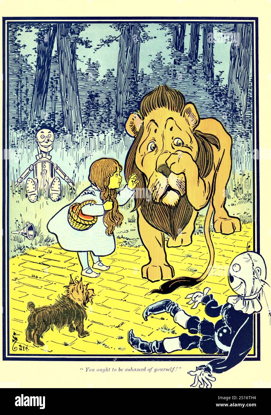 Vous devriez avoir honte de vous-même - Dorothy gronde le Lion lâche - illustration du merveilleux Magicien d'Oz Banque D'Images