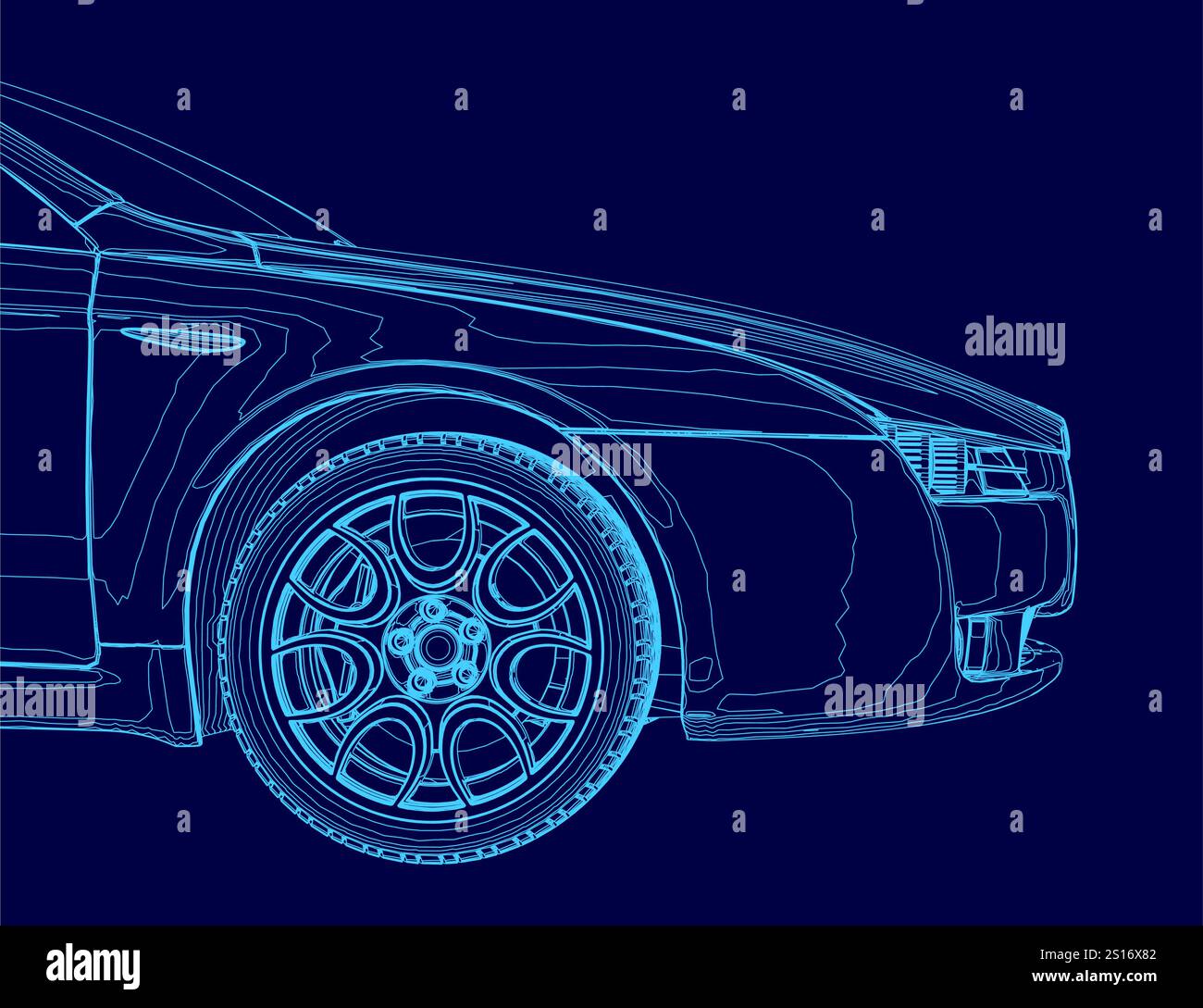 La voiture bleue avec une roue est représentée sur un fond bleu. La voiture est montrée de manière stylisée, avec la roue étant le principal objectif. La scène est quelque peu abstraite Illustration de Vecteur