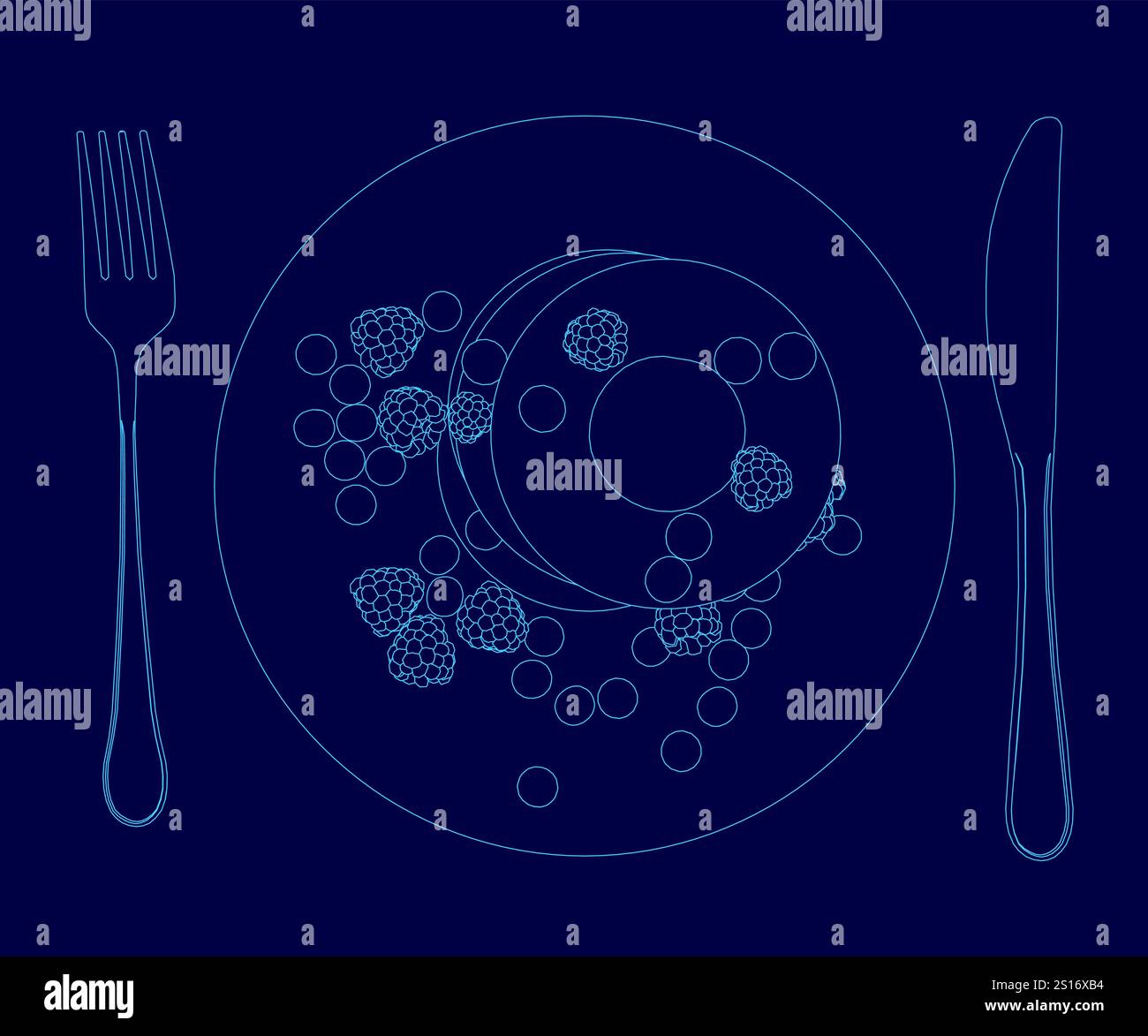 Assiette bleue avec une fourchette et un couteau dessus. La fourche se trouve sur le côté gauche de la plaque et le couteau sur le côté droit. L'assiette a un dessert dessus, w Illustration de Vecteur