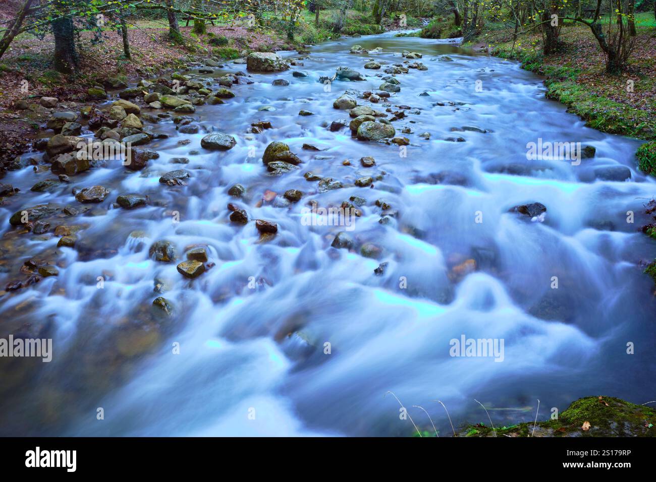 Une vue sereine et pittoresque de la rivière Bayones qui coule sur les rochers à Ucieda, vallée de Cabuerniga, Cantabrie, Espagne. L'exposition longue capture le Banque D'Images