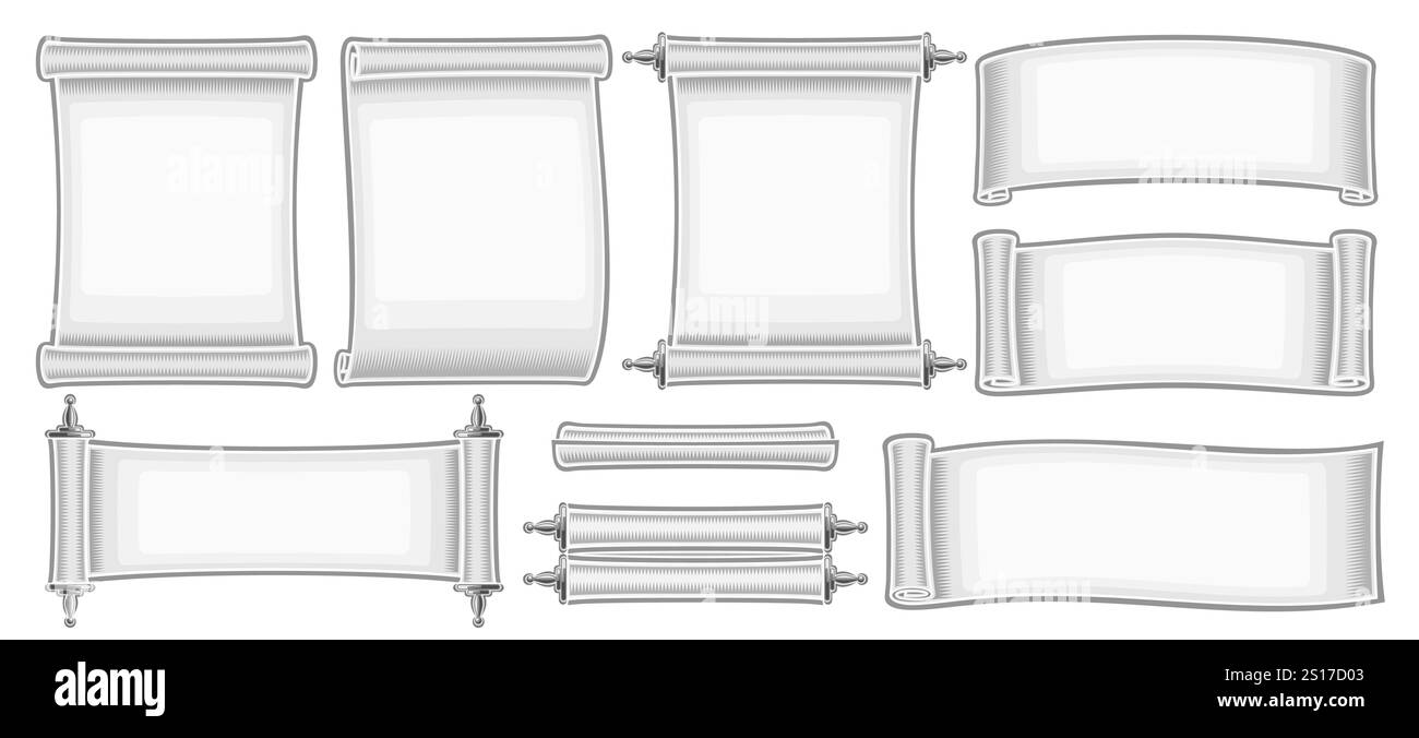 Vector White Paper Scroll Set, collection d'illustrations découpées papier gris vertical et horizontal avec espace de copie pour la promotion, groupe de differen Illustration de Vecteur