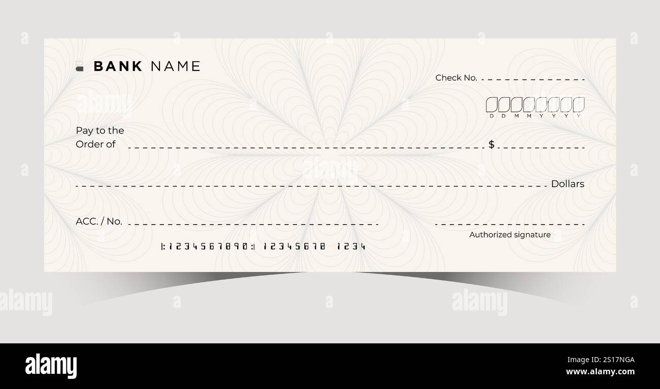 Chéquier bancaire vierge. Modèle d'arrière-plan chèque paiement argent. Chèque de transactions financières sécurisées. Chéquier de caisse pour dons, coupons Illustration de Vecteur