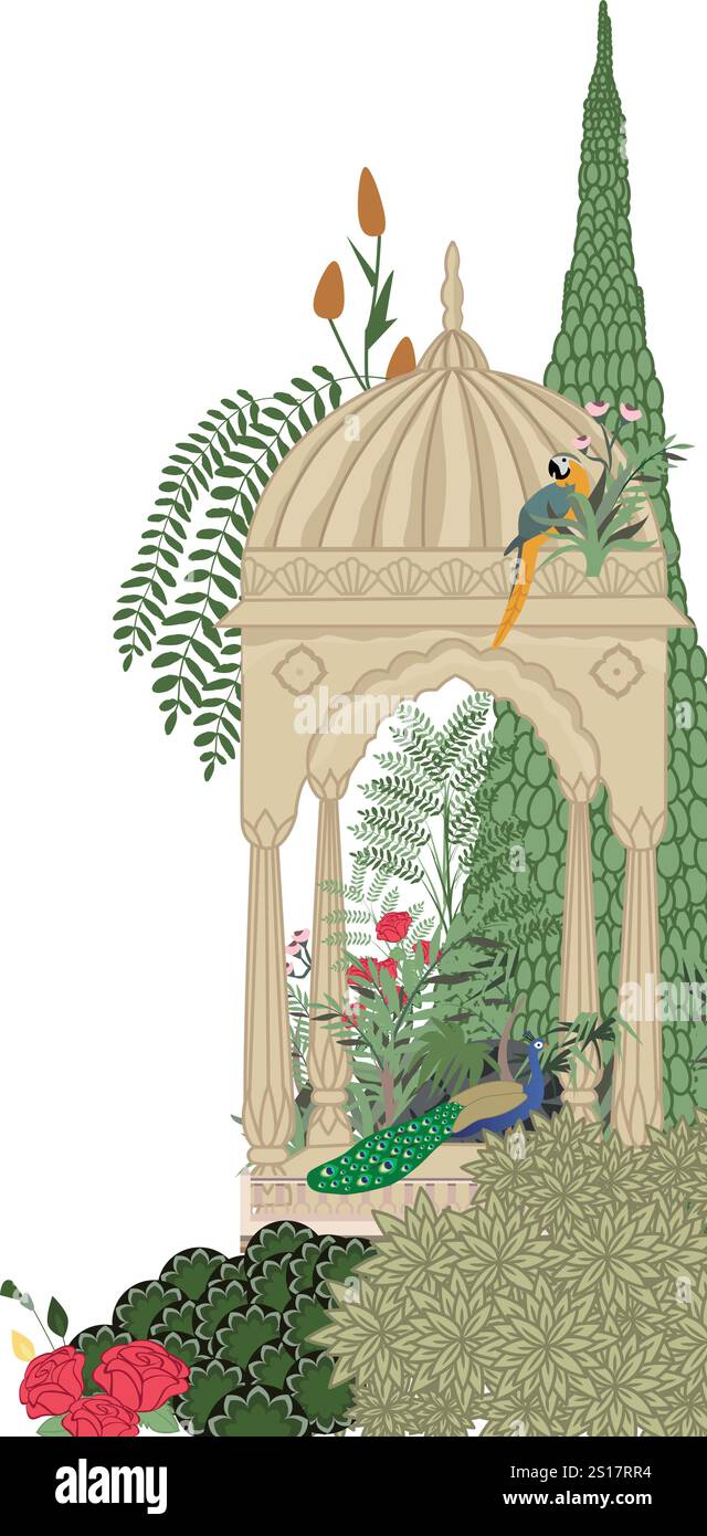 Jardin traditionnel indien d'arc moghol, paon, illustration vectorielle de plante de perroquet avec fond isolé Illustration de Vecteur