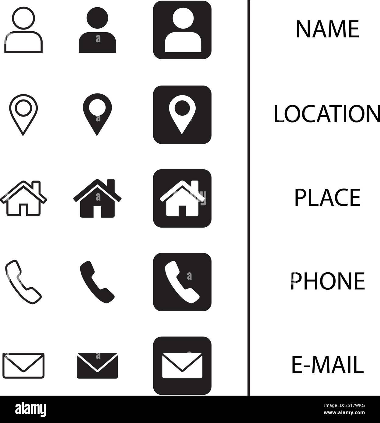 Jeu d'icônes de cartes de visite comprenant le téléphone, l'emplacement, le nom, le site Web, l'adresse, e-mail, symbole at et téléphone portable. Symbole d'illustration vectorielle. Illustration de Vecteur
