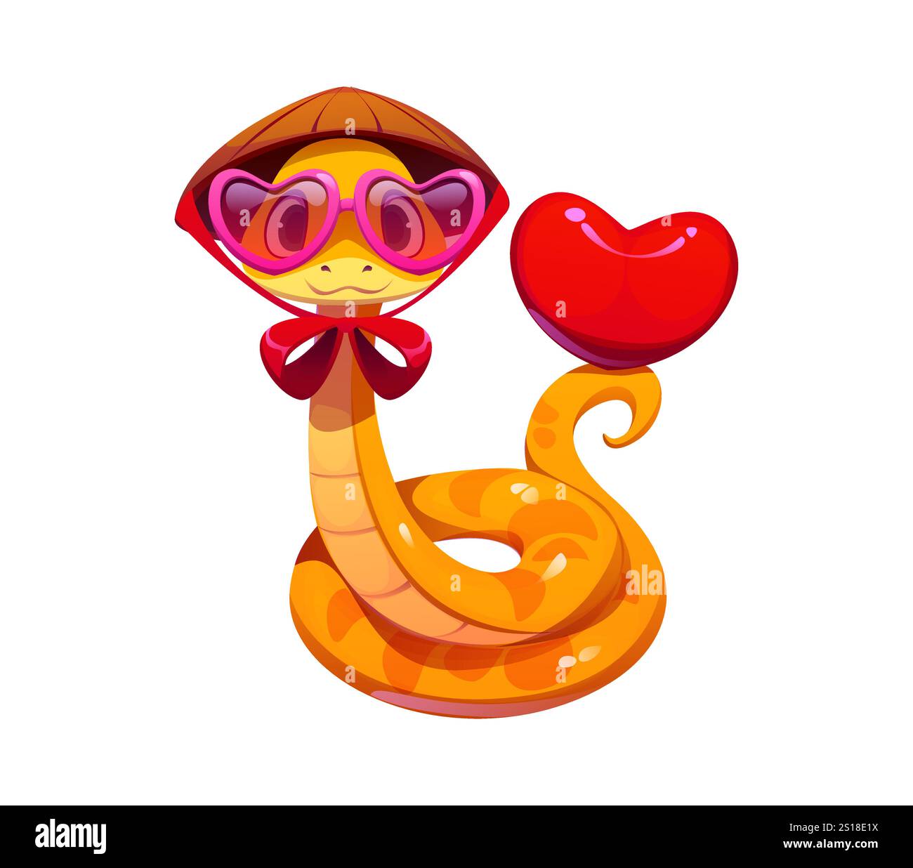 Nouvel an lunaire chinois et Saint-valentin personnage de serpent mignon de dessin animé tient le cœur rouge symbolisant l'amour et l'affection. Reptile doré portant des lunettes roses surdimensionnées en forme de coeur et un chapeau conique en bambou Illustration de Vecteur