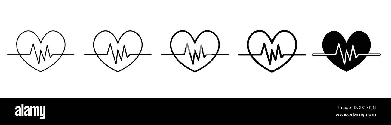 Définir 5 icônes de fréquence cardiaque 1 vecteur non développé 1 silhouette, fréquence cardiaque / icône de battement cardiaque définie, forme de coeur avec onde de pouls, illustration vectorielle - icône ECG Illustration de Vecteur