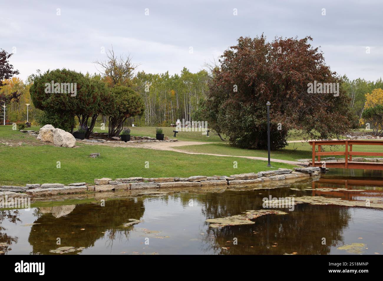 paysage pastoral reflété dans un étang en automne Banque D'Images