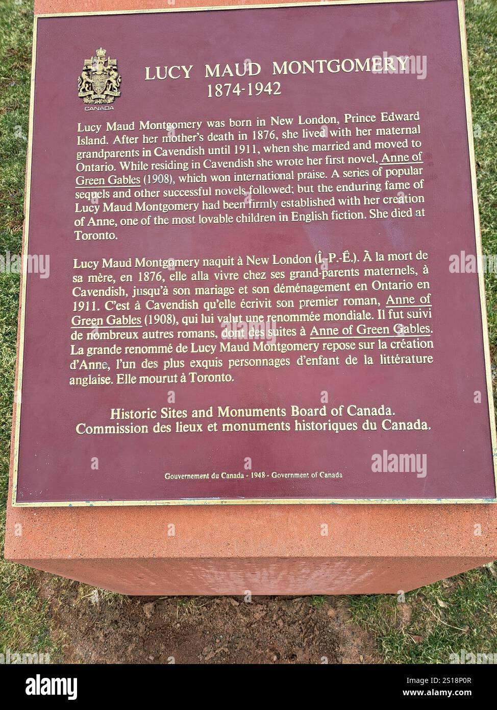Plaque de biographie de Lucy Maud Montgomery au centre des visiteurs Green Gables à Cavendish, Île-du-Prince-Édouard, Canada Banque D'Images