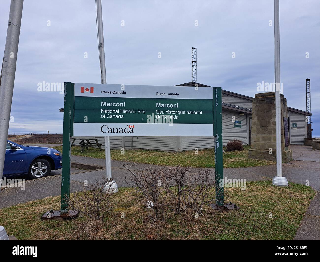 Panneau du lieu historique national Marconi de Parcs Canada à glace Bay, Nouvelle-Écosse, Canada Banque D'Images